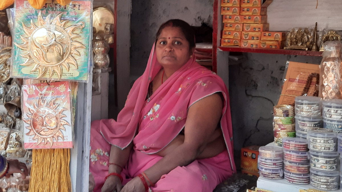 Sudha PAndey runs a shop at the temple complex ram temple, ayodhya